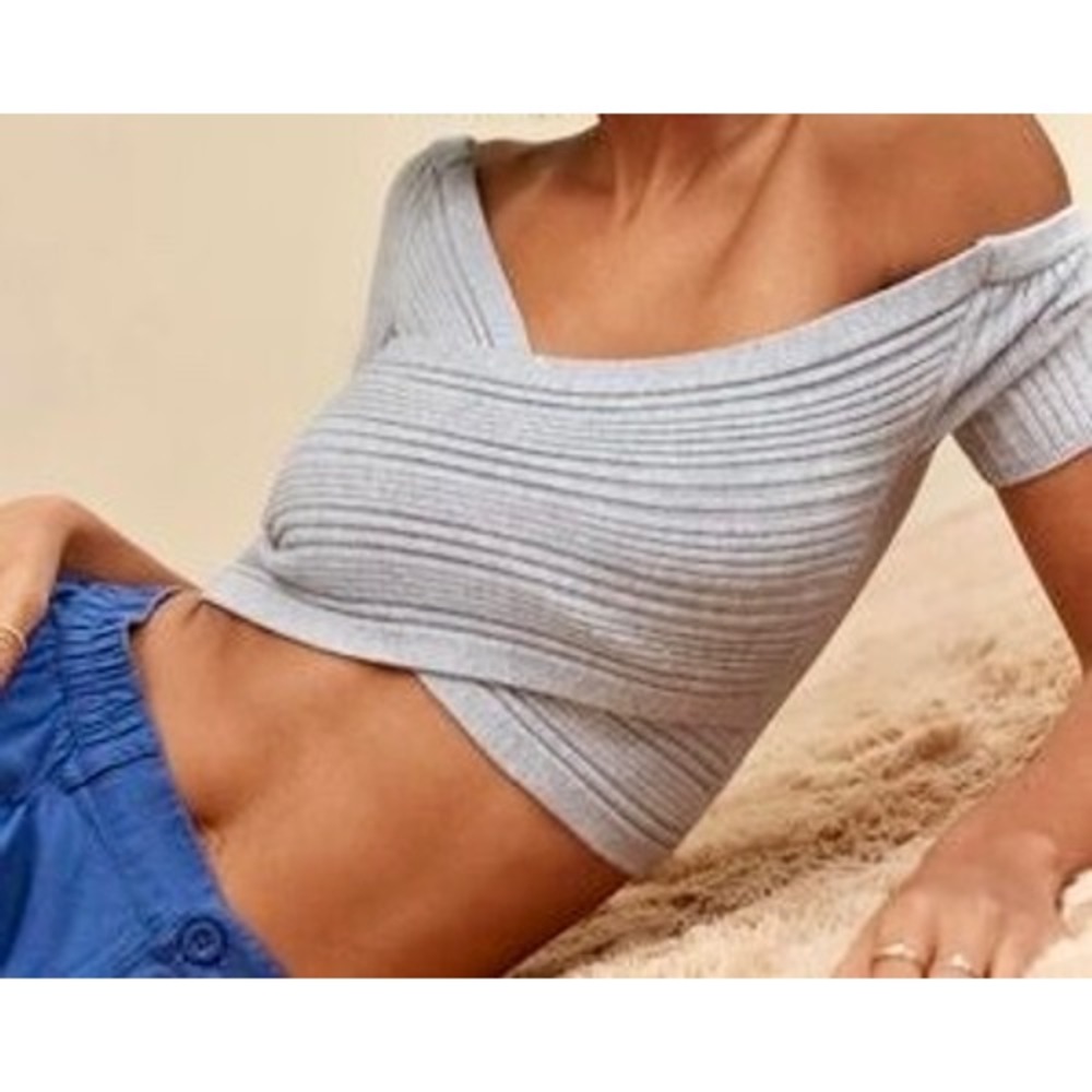 Aerie Reversible Sweater Ribbed Knit Crop Top Gray XL NWT Fall Layering Stretchy